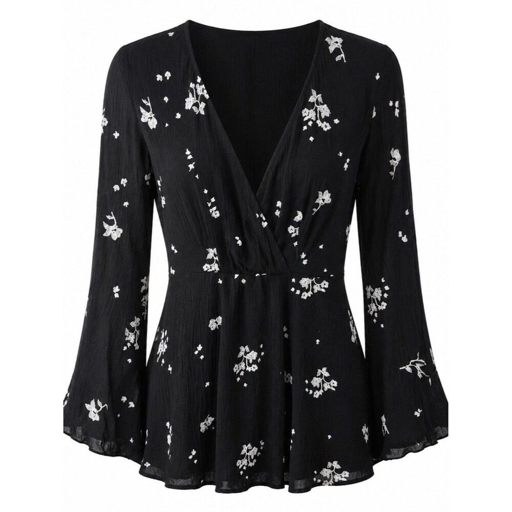 Free People Black Floral Midi Dress with White Print